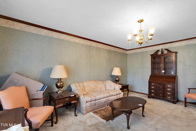 living room with a notable chandelier, light colored carpet, wallpapered walls, and ornamental molding