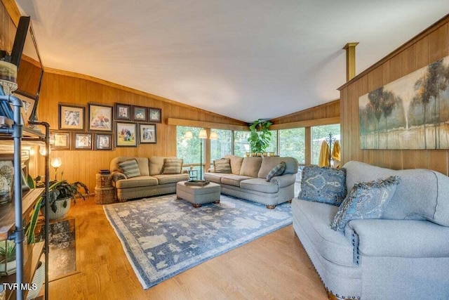 living room with vaulted ceiling, wooden walls, and wood finished floors