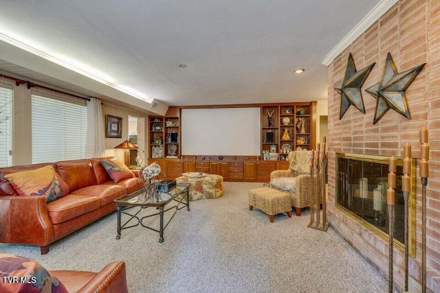 carpeted living area with a fireplace, built in shelves, and ornamental molding