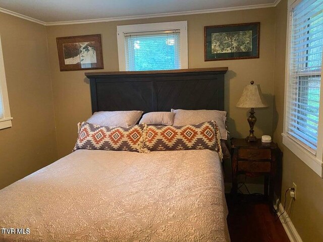 bedroom featuring wood finished floors and ornamental molding