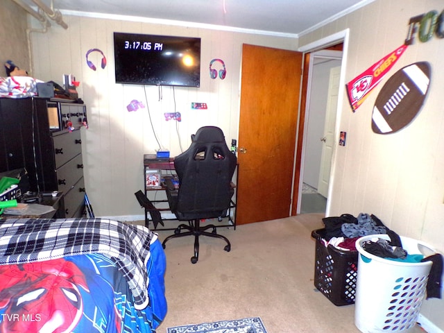 bedroom featuring carpet and ornamental molding