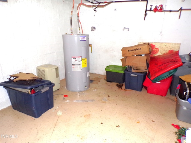 below grade area featuring concrete block wall and water heater