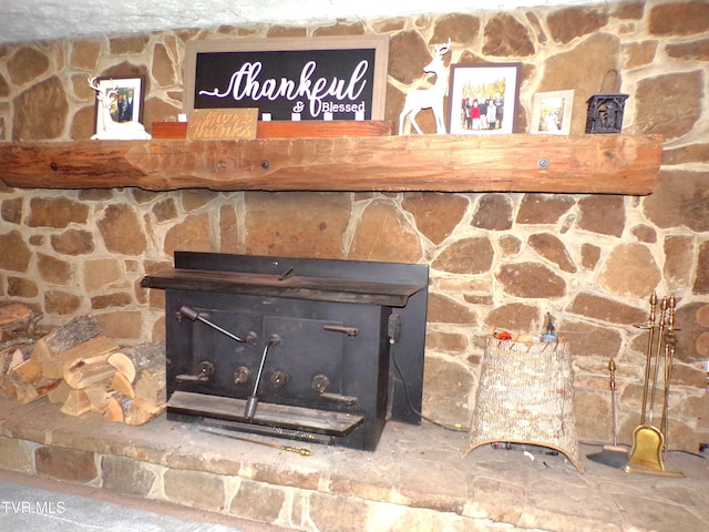 room details featuring a wood stove