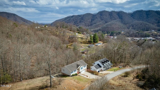 exterior space with a wooded view and a mountain view