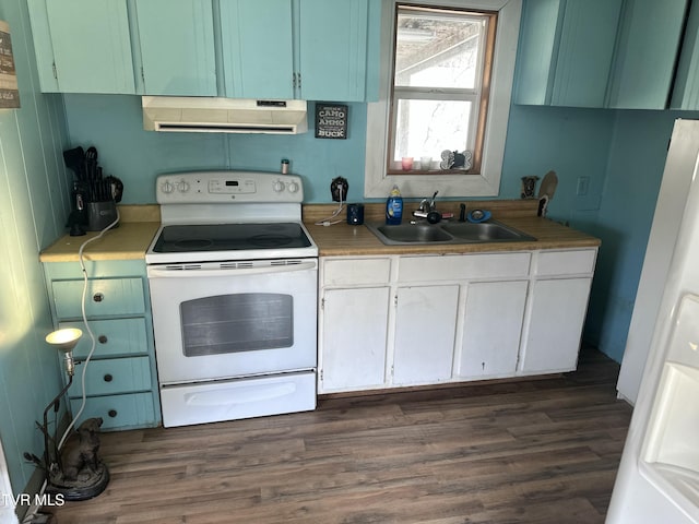 kitchen with white range with electric cooktop, a sink, extractor fan, light countertops, and dark wood-type flooring