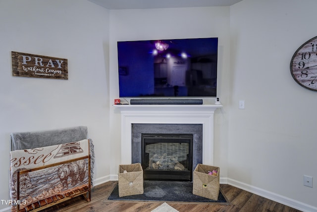 living room with a fireplace with flush hearth, wood finished floors, and baseboards