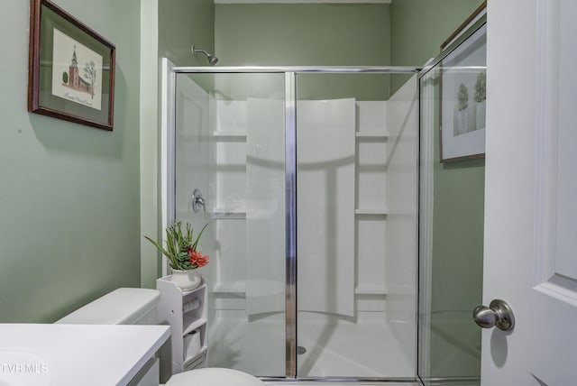 full bathroom featuring vanity, toilet, and a shower stall