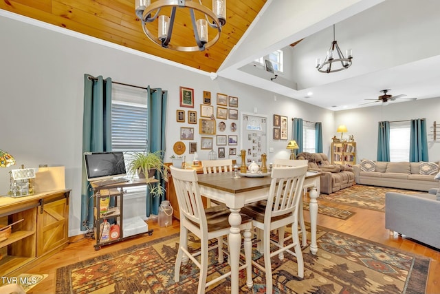 dining area featuring wood ceiling, ceiling fan with notable chandelier, wood finished floors, and vaulted ceiling