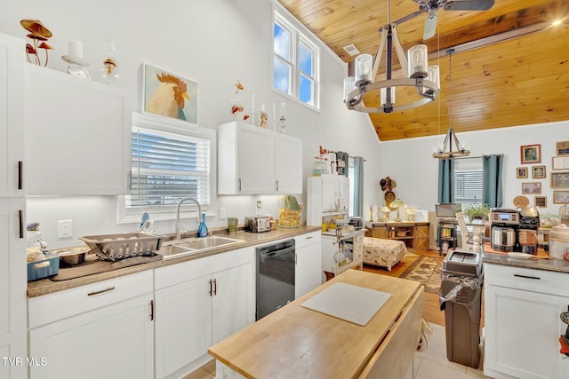 kitchen with a sink, black dishwasher, wood ceiling, and white cabinetry