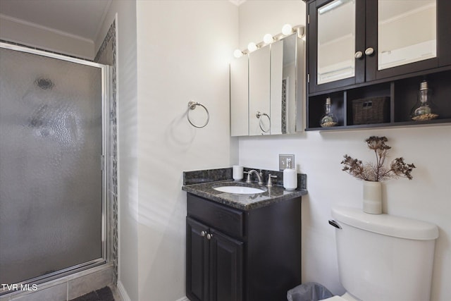 full bathroom featuring vanity, a shower stall, and toilet