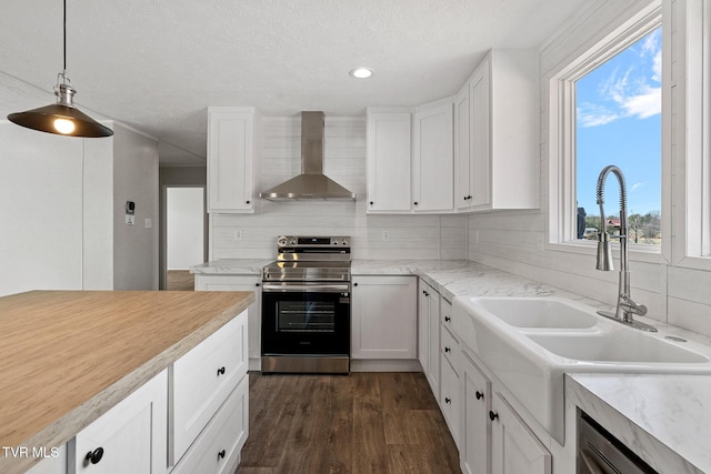 475 Piney Grove Rd, Greeneville, TN 37743 - kitchen featuring dark wood-type flooring, electric stove, a sink, backsplash, and wall chimney range hood