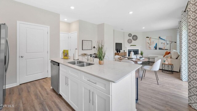 1807 Fox Meadows Cir, Bluff City, TN 37618 - kitchen featuring a sink, appliances with stainless steel finishes, a kitchen island with sink, white cabinets, and wood finished floors