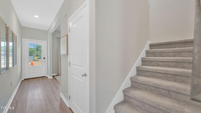 1807 Fox Meadows Cir, Bluff City, TN 37618 - stairs featuring wood finished floors, baseboards, and recessed lighting