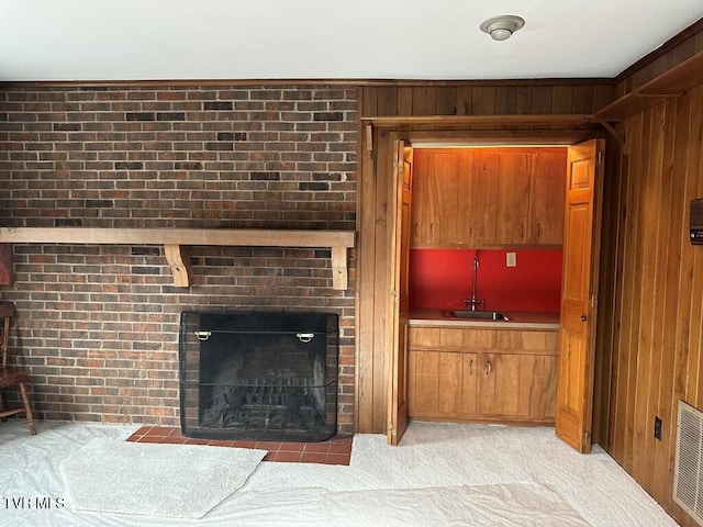 room details with a sink, carpet, wood walls, and a fireplace