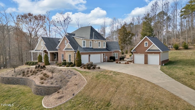 view of front of house with a front yard, brick siding, and roof with shingles