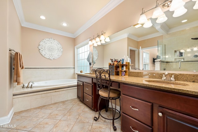 full bath featuring vanity, tiled shower, ornamental molding, tile patterned floors, and a bath