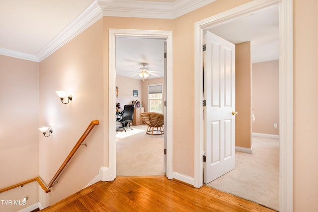 corridor with crown molding, baseboards, light wood-type flooring, an upstairs landing, and light carpet