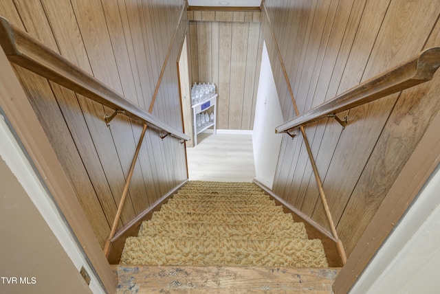 staircase with wood walls