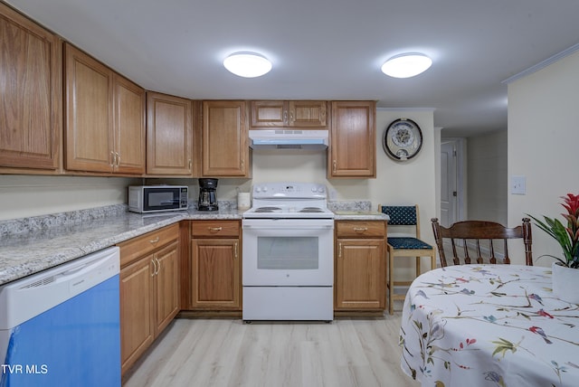 kitchen featuring brown cabinets, light wood-style flooring, white electric range, under cabinet range hood, and dishwasher