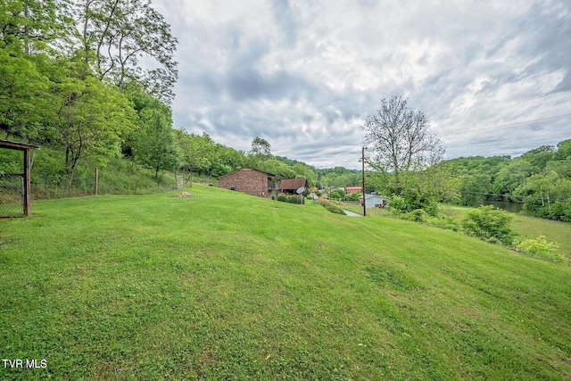 view of yard with a forest view