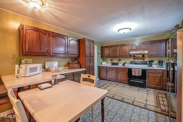 kitchen featuring white microwave, under cabinet range hood, light countertops, a peninsula, and electric range