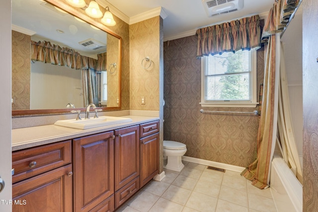 full bath with toilet, wallpapered walls, visible vents, and vanity