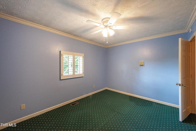 carpeted spare room featuring baseboards, ornamental molding, a ceiling fan, and a textured ceiling