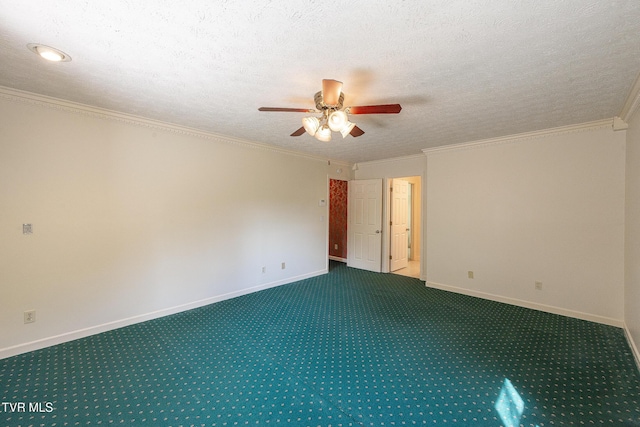 empty room featuring baseboards, a ceiling fan, carpet flooring, and ornamental molding