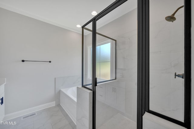 1110 Miller Dr, Jonesborough, TN 37659 - full bath with marble finish floors, a bath, a stall shower, and recessed lighting