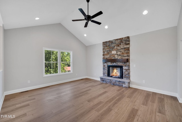 1110 Miller Dr, Jonesborough, TN 37659 - unfurnished living room with ceiling fan, a fireplace, wood finished floors, recessed lighting, and high vaulted ceiling