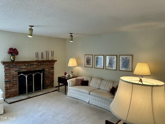 carpeted living room with a brick fireplace and a textured ceiling