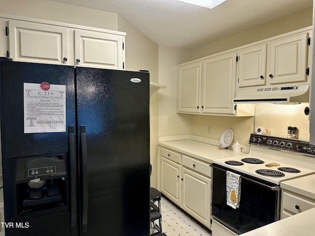 kitchen featuring electric range, light countertops, black fridge with ice dispenser, under cabinet range hood, and white cabinetry