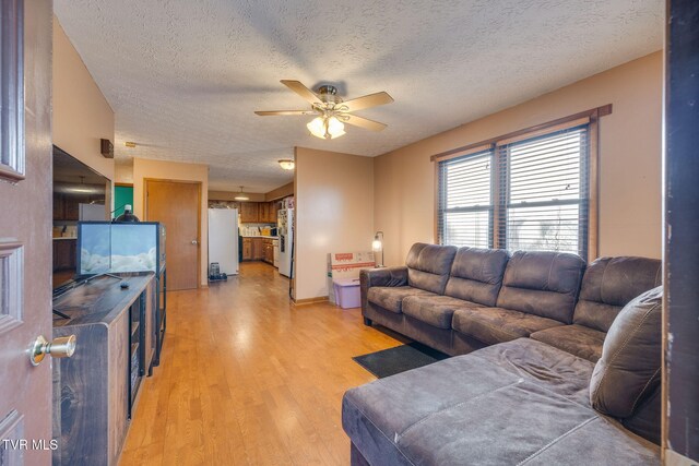 living area with a textured ceiling, a ceiling fan, and light wood-style floors