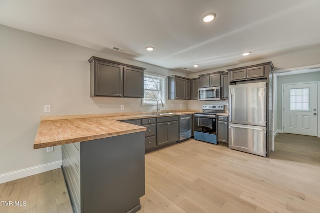 kitchen with butcher block countertops, appliances with stainless steel finishes, a peninsula, light wood-style floors, and a sink