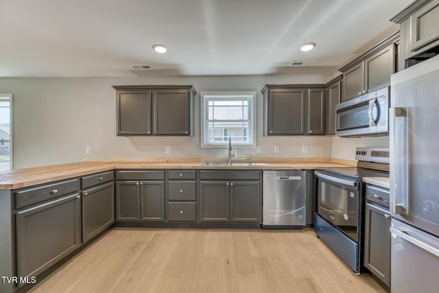 kitchen featuring a sink, plenty of natural light, appliances with stainless steel finishes, and butcher block counters