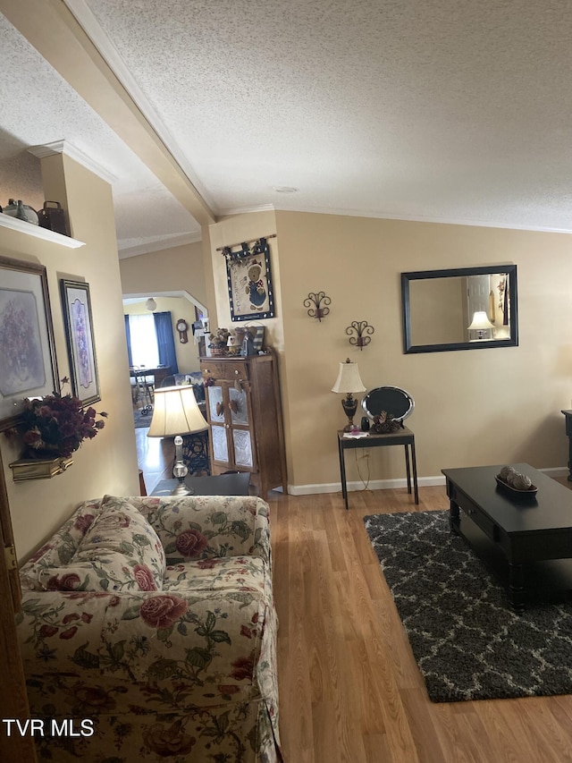 living area featuring wood finished floors, baseboards, and a textured ceiling