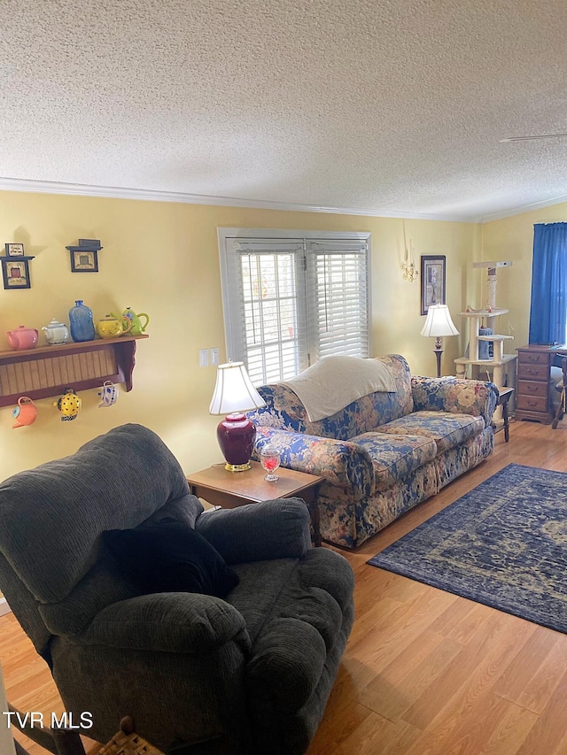 living room featuring ornamental molding, a textured ceiling, and wood finished floors