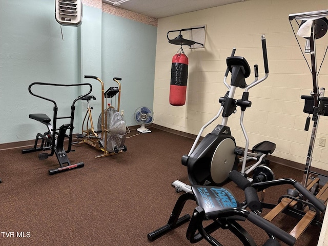 exercise room featuring baseboards and concrete block wall