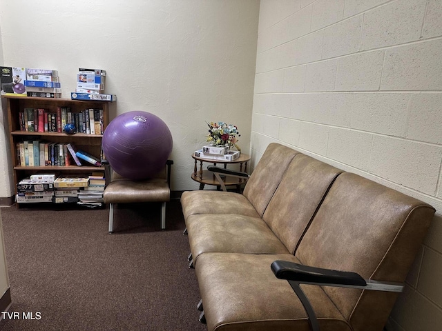 living area featuring concrete block wall and carpet flooring