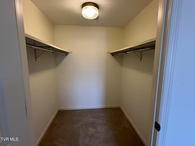 walk in closet with dark carpet