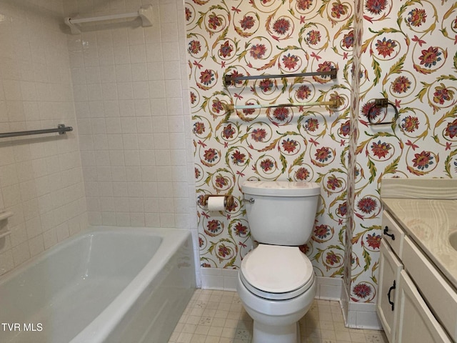 full bath with tile patterned floors, baseboards, toilet, and vanity