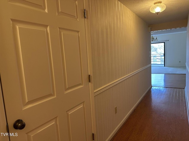 hall with a wainscoted wall, a textured ceiling, and dark wood-style flooring