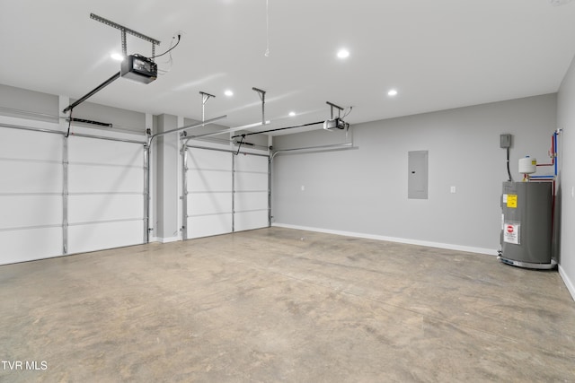 garage with electric panel, baseboards, a garage door opener, and water heater