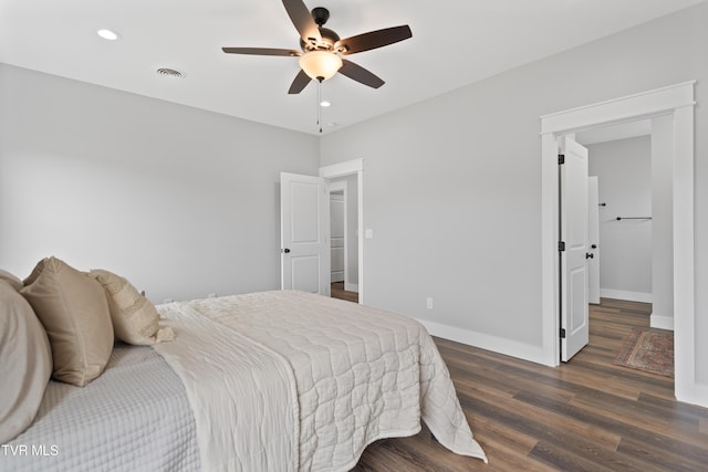 bedroom with visible vents, dark wood-type flooring, baseboards, recessed lighting, and a ceiling fan