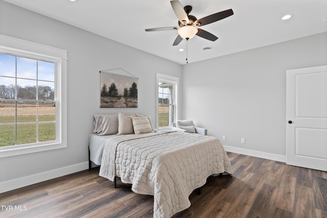 bedroom with recessed lighting, a ceiling fan, baseboards, and dark wood-style flooring