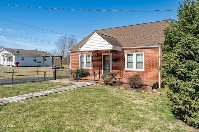 bungalow-style house with a front lawn, a gate, a pergola, fence, and brick siding