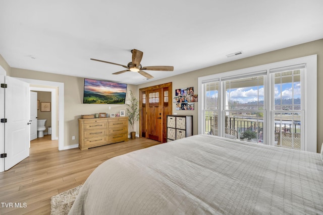 bedroom with a ceiling fan, baseboards, visible vents, light wood finished floors, and access to exterior