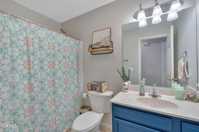 full bath with a shower with shower curtain, toilet, and vanity