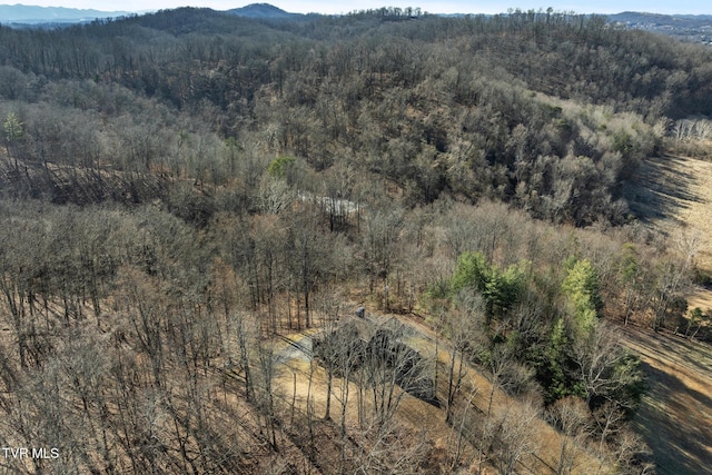 birds eye view of property with a mountain view and a forest view