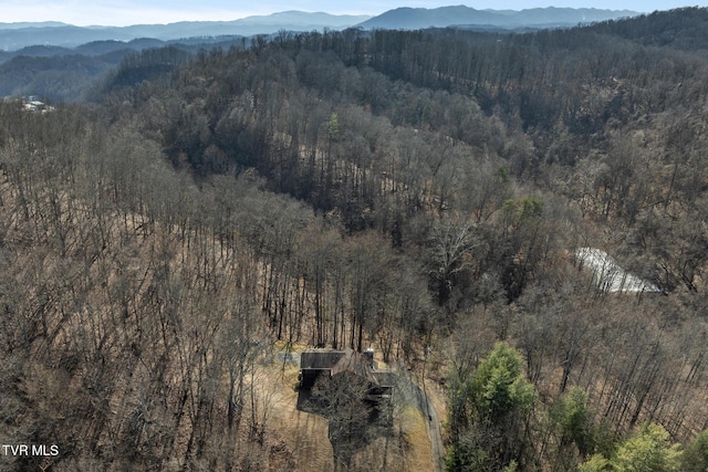 birds eye view of property with a mountain view and a forest view